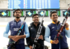 Rudrankksh Patil (R), Aishwary Pratap Singh Tomar (C) and Divyansh Singh Panwar during the qualification round of men’s 10m air rifle event.